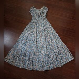 Waist-Defined Smocked Blue Ditsy Floral-Print Midi Dress